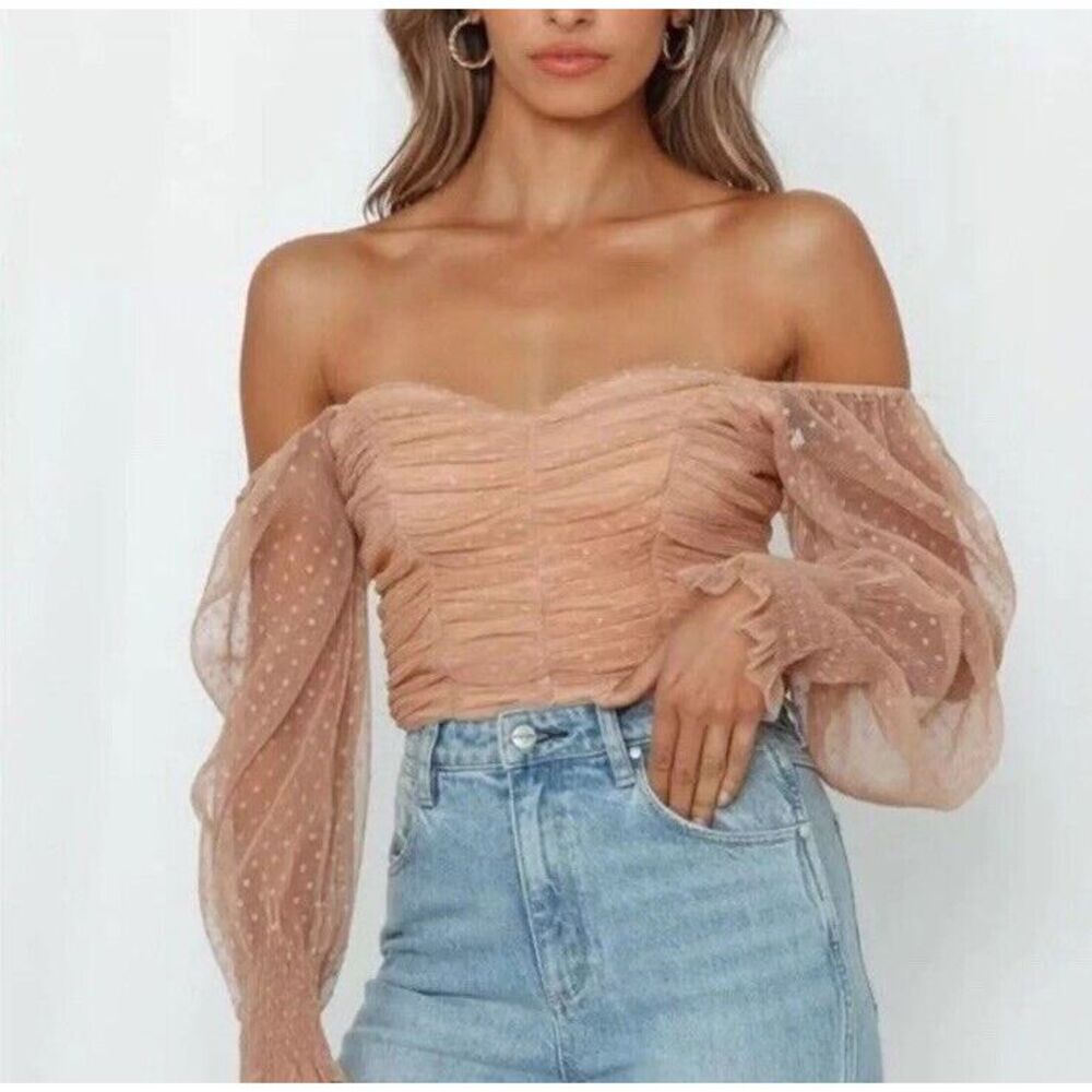 Hello Molly Size‎ 6 Crop Top Tan Sheer Long Sleeve Polka Dot